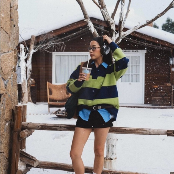 Sweaters - Navy and Lime Green Striped Sweater